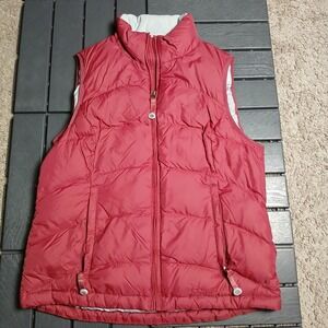 LL Bean Women's Small Goose Down Puffer Vest Red Grey Jacket Full Zip Nylon BA78